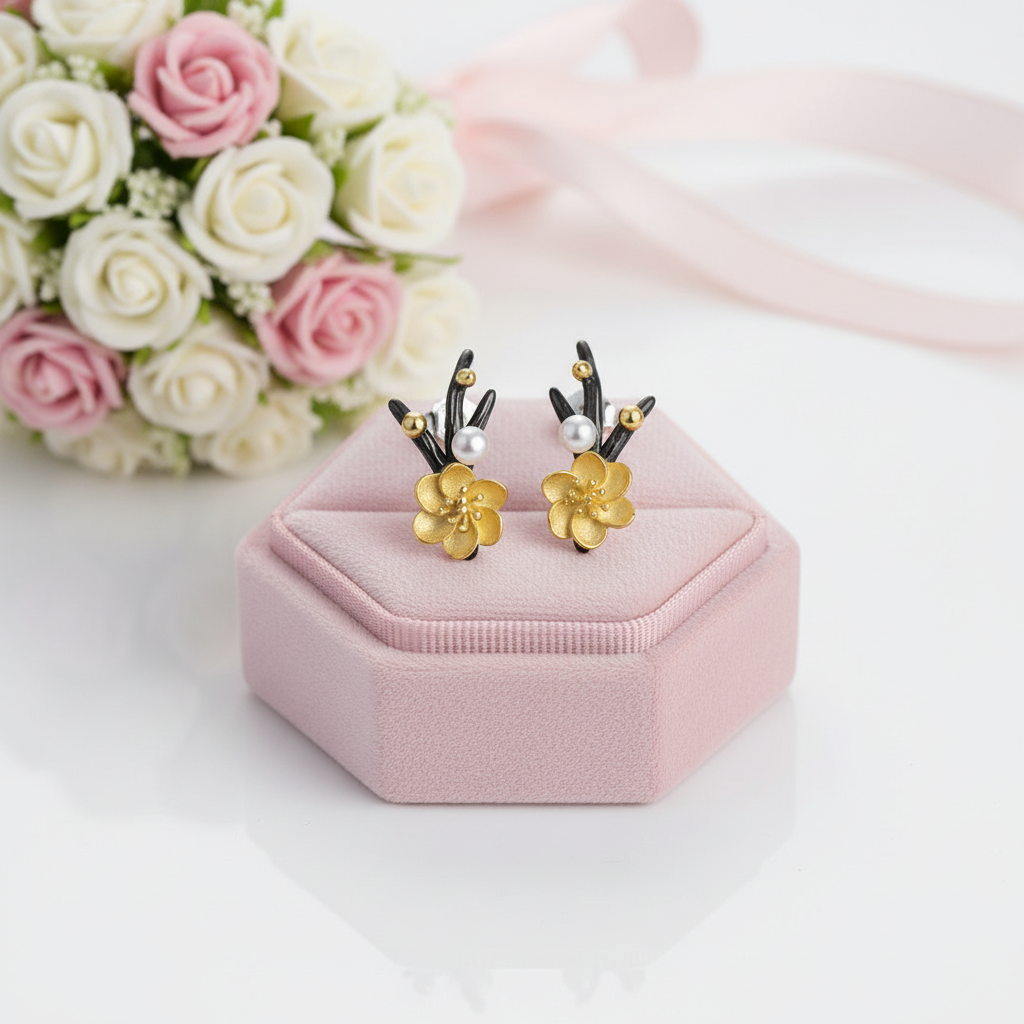 Winter Blossom and Snow Flower Stud Earrings-Black Diamonds New York