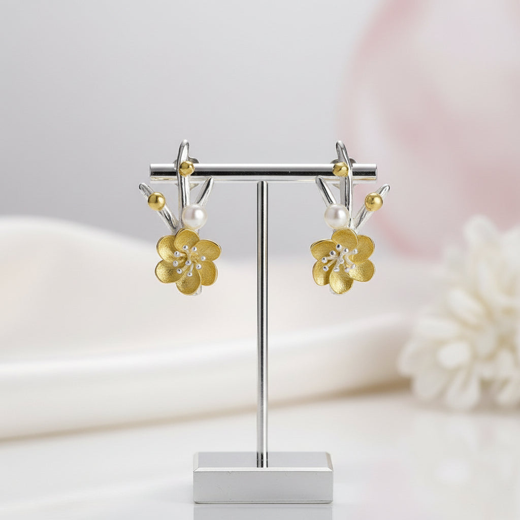 Winter Blossom and Snow Flower Stud Earrings-Black Diamonds New York