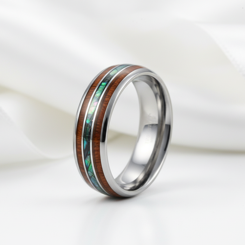 Wood & Abalone Shell Men's Tungsten Carbide Wedding Band-Black Diamonds New York