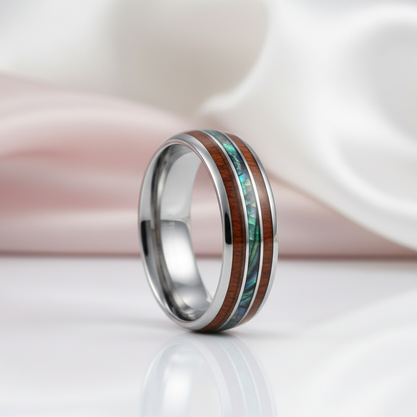 Wood & Abalone Shell Men's Tungsten Carbide Wedding Band-Black Diamonds New York