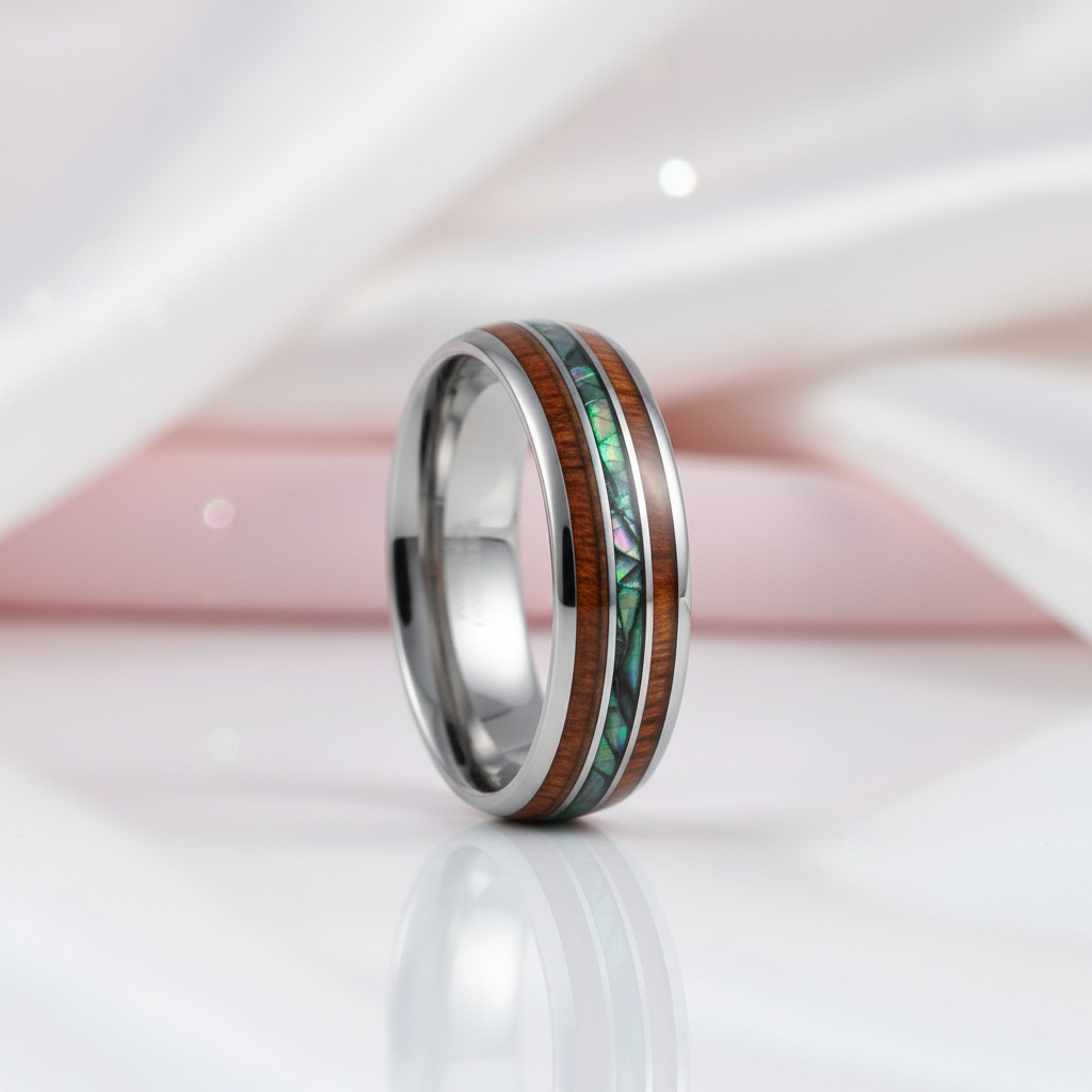 Wood & Abalone Shell Men's Tungsten Carbide Wedding Band-Black Diamonds New York