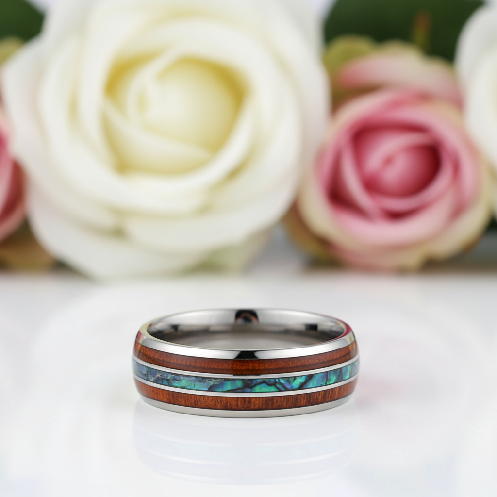 Wood & Abalone Shell Men's Tungsten Carbide Wedding Band-Black Diamonds New York