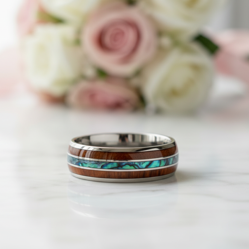 Wood & Abalone Shell Men's Tungsten Carbide Wedding Band-Black Diamonds New York