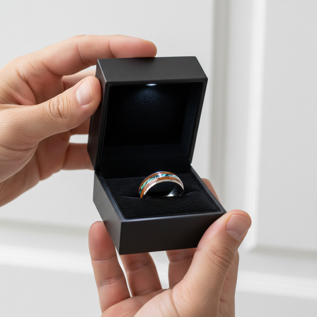 Wood & Abalone Shell Men's Tungsten Carbide Wedding Band-Black Diamonds New York