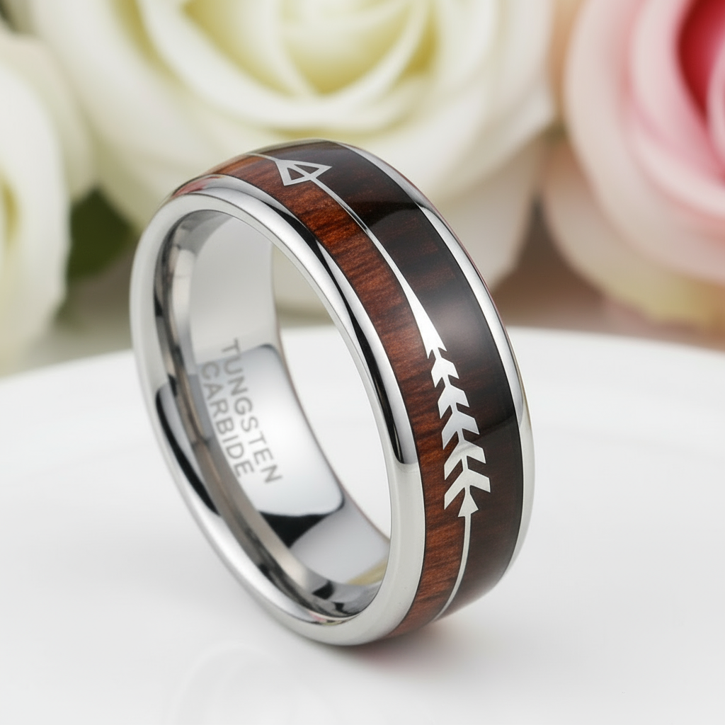Wood and Arrow Dome Tungsten Men's Wedding Band-Black Diamonds New York