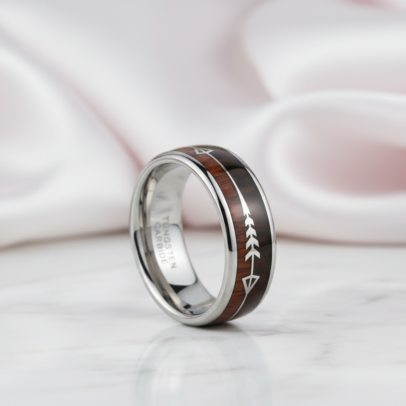 Wood and Arrow Dome Tungsten Men's Wedding Band-Black Diamonds New York