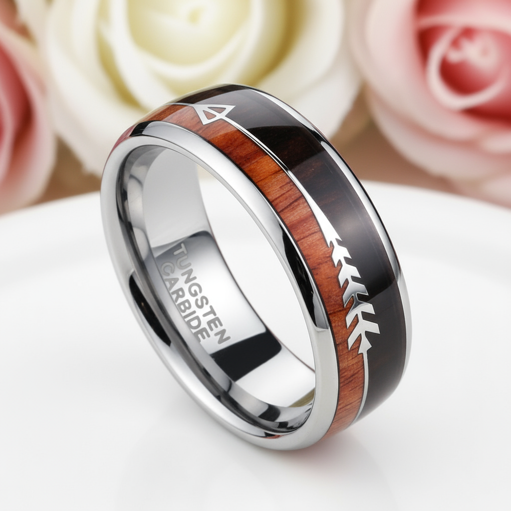 Wood and Arrow Dome Tungsten Men's Wedding Band-Black Diamonds New York