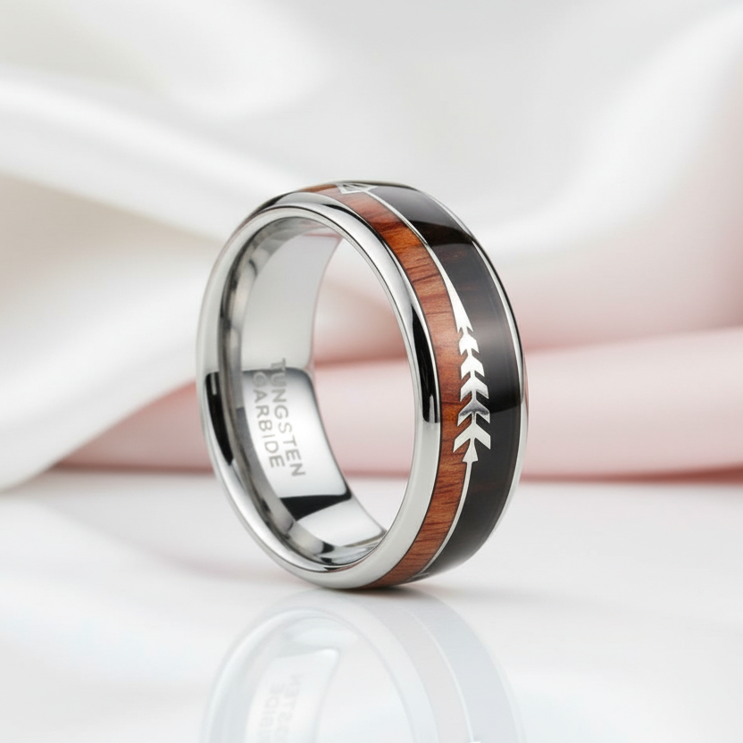 Wood and Arrow Dome Tungsten Men's Wedding Band-Black Diamonds New York