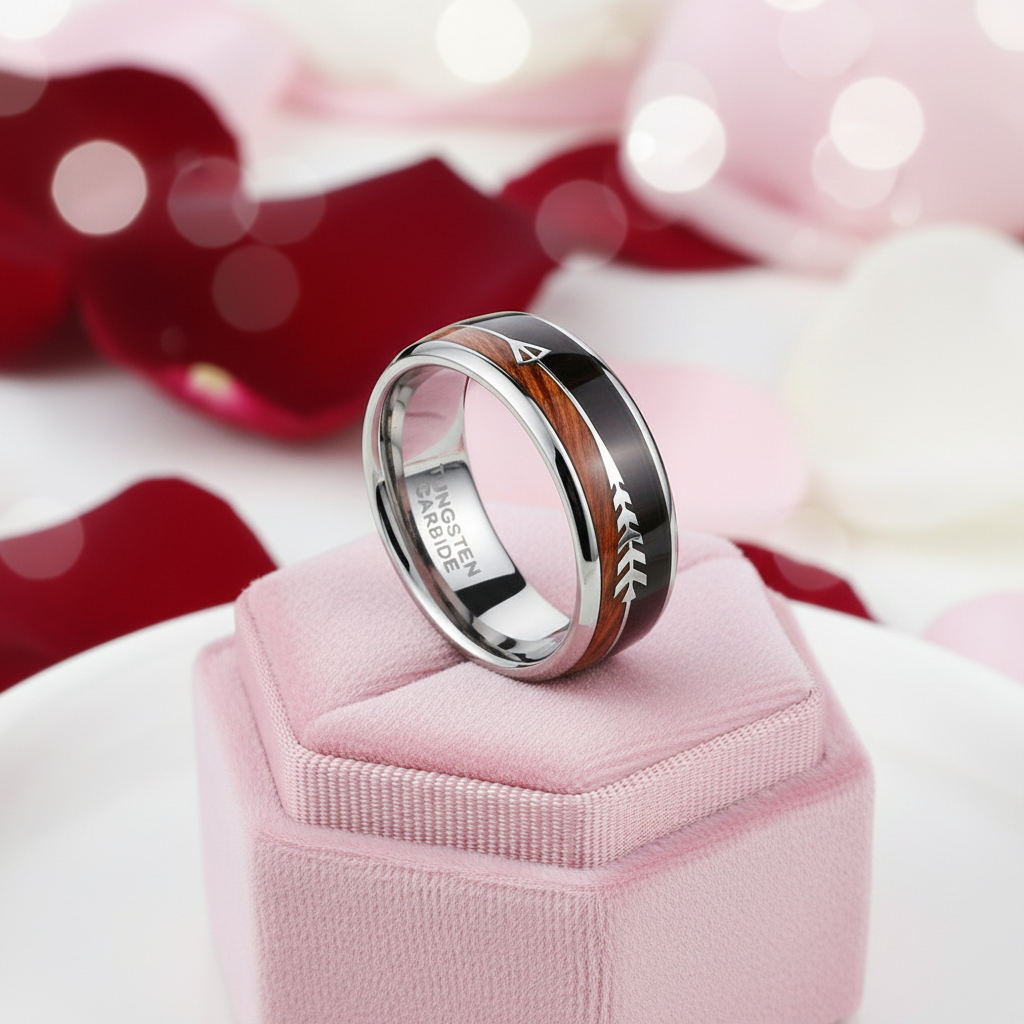 Wood and Arrow Dome Tungsten Men's Wedding Band-Black Diamonds New York