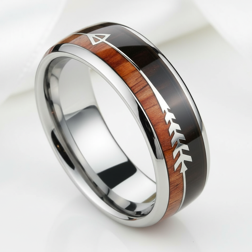 Wood and Arrow Dome Tungsten Men's Wedding Band-Black Diamonds New York