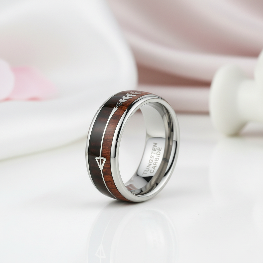 Wood and Arrow Dome Tungsten Men's Wedding Band-Black Diamonds New York