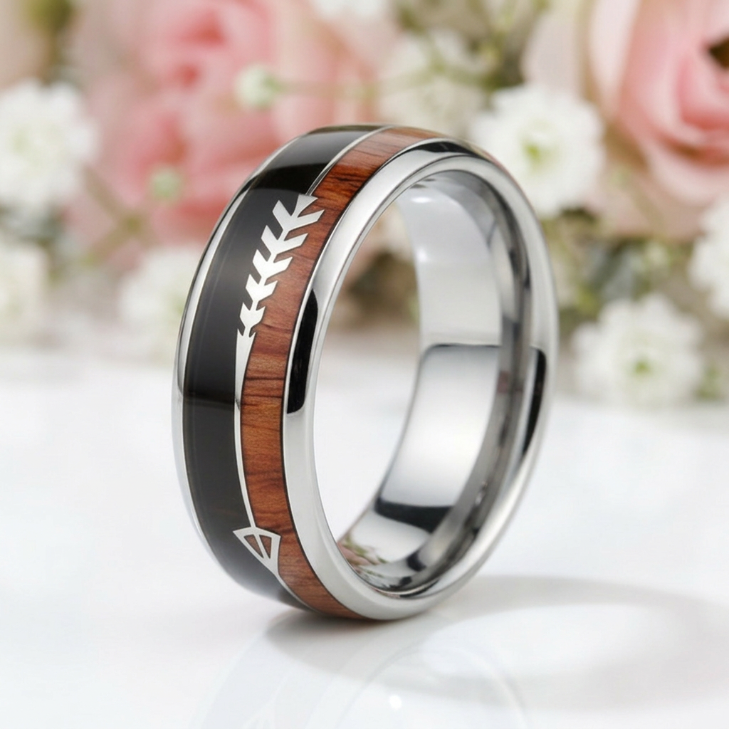 Wood and Arrow Dome Tungsten Men's Wedding Band-Black Diamonds New York
