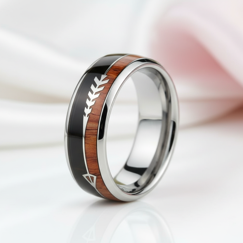 Wood and Arrow Dome Tungsten Men's Wedding Band-Black Diamonds New York