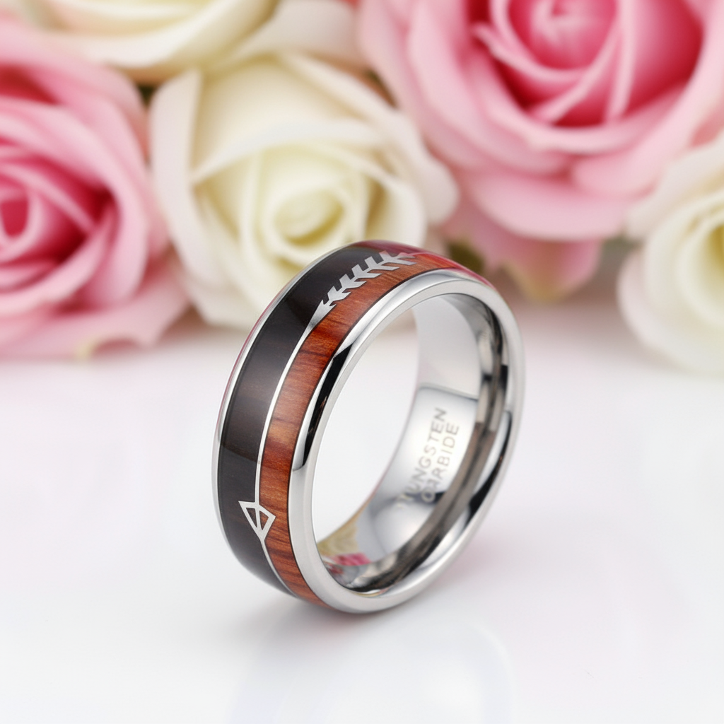 Wood and Arrow Dome Tungsten Men's Wedding Band-Black Diamonds New York