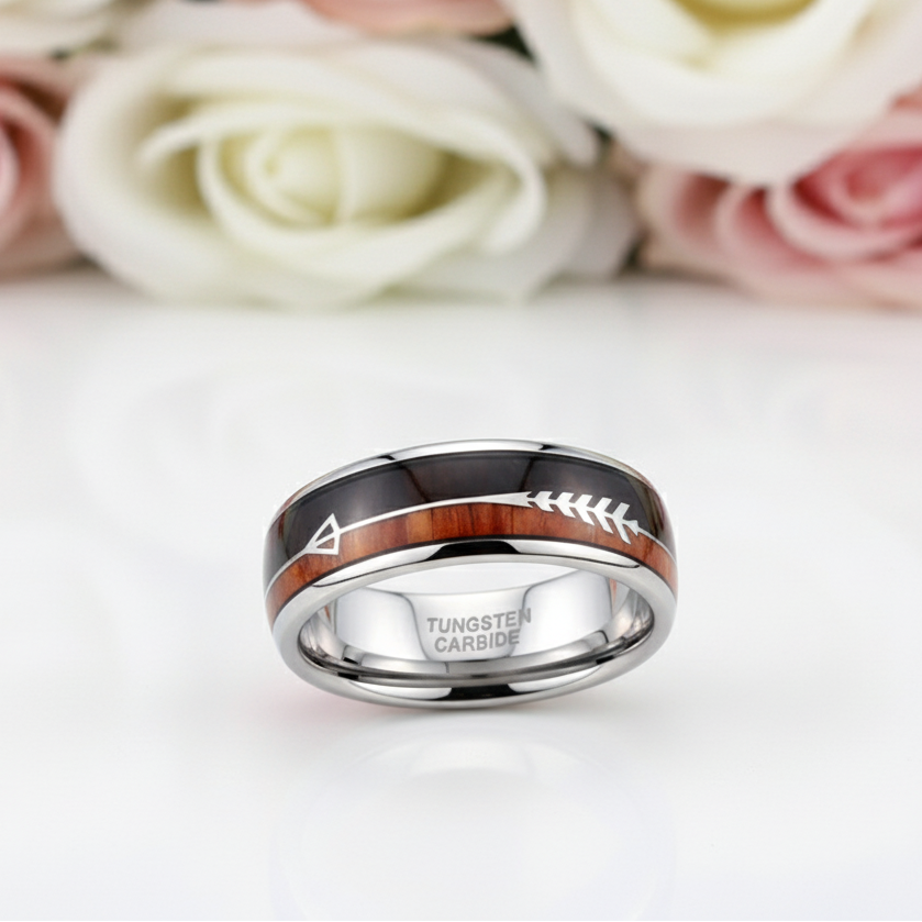 Wood and Arrow Dome Tungsten Men's Wedding Band-Black Diamonds New York