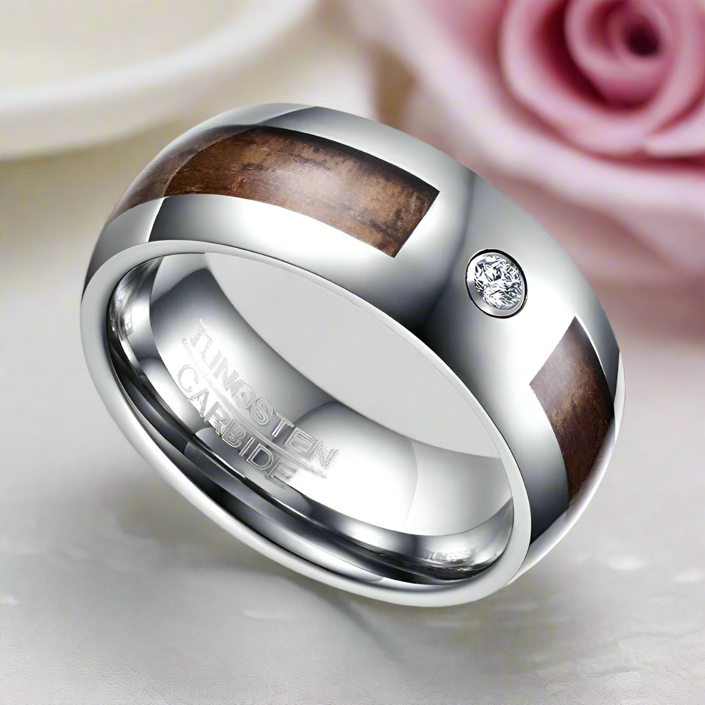 Wood Inlay Men's Tungsten Carbide Wedding Band with Diamond-Black Diamonds New York
