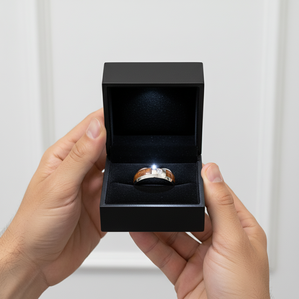 Wood Inlay Men's Tungsten Carbide Wedding Band with Diamond Option-Black Diamonds New York