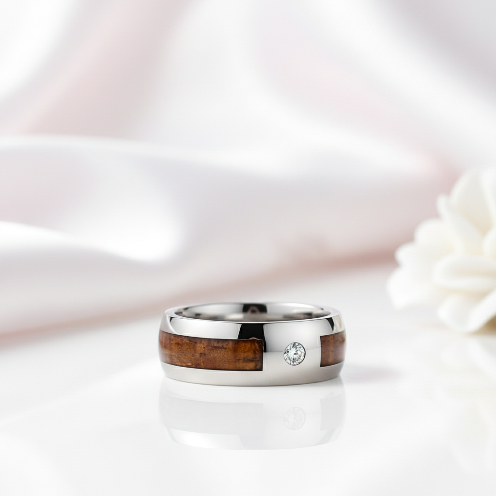 Wood Inlay Men's Tungsten Carbide Wedding Band with Diamond Option-Black Diamonds New York