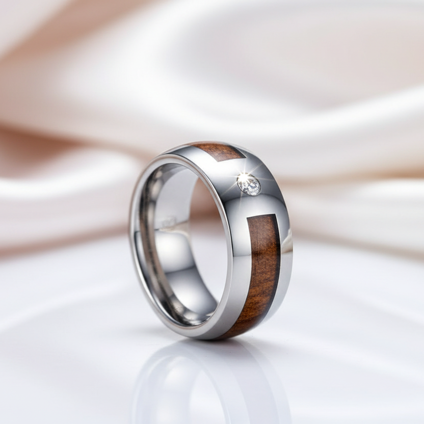 Wood Inlay Men's Tungsten Carbide Wedding Band with Diamond Option-Black Diamonds New York