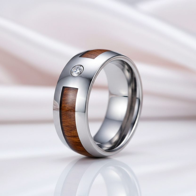Wood Inlay Men's Tungsten Carbide Wedding Band with Diamond Option-Black Diamonds New York