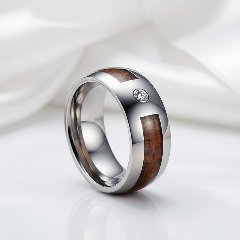 Wood Inlay Men's Tungsten Carbide Wedding Band with Diamond Option-Black Diamonds New York