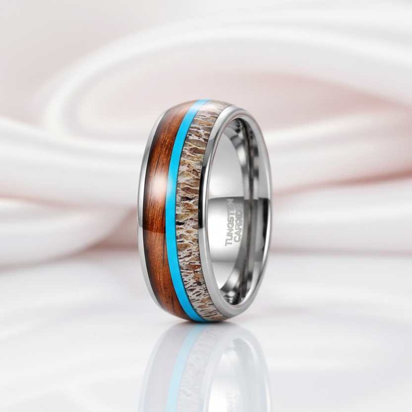 Wood, Malachite, & Antler Men's Tungsten Carbide Wedding Band-Black Diamonds New York