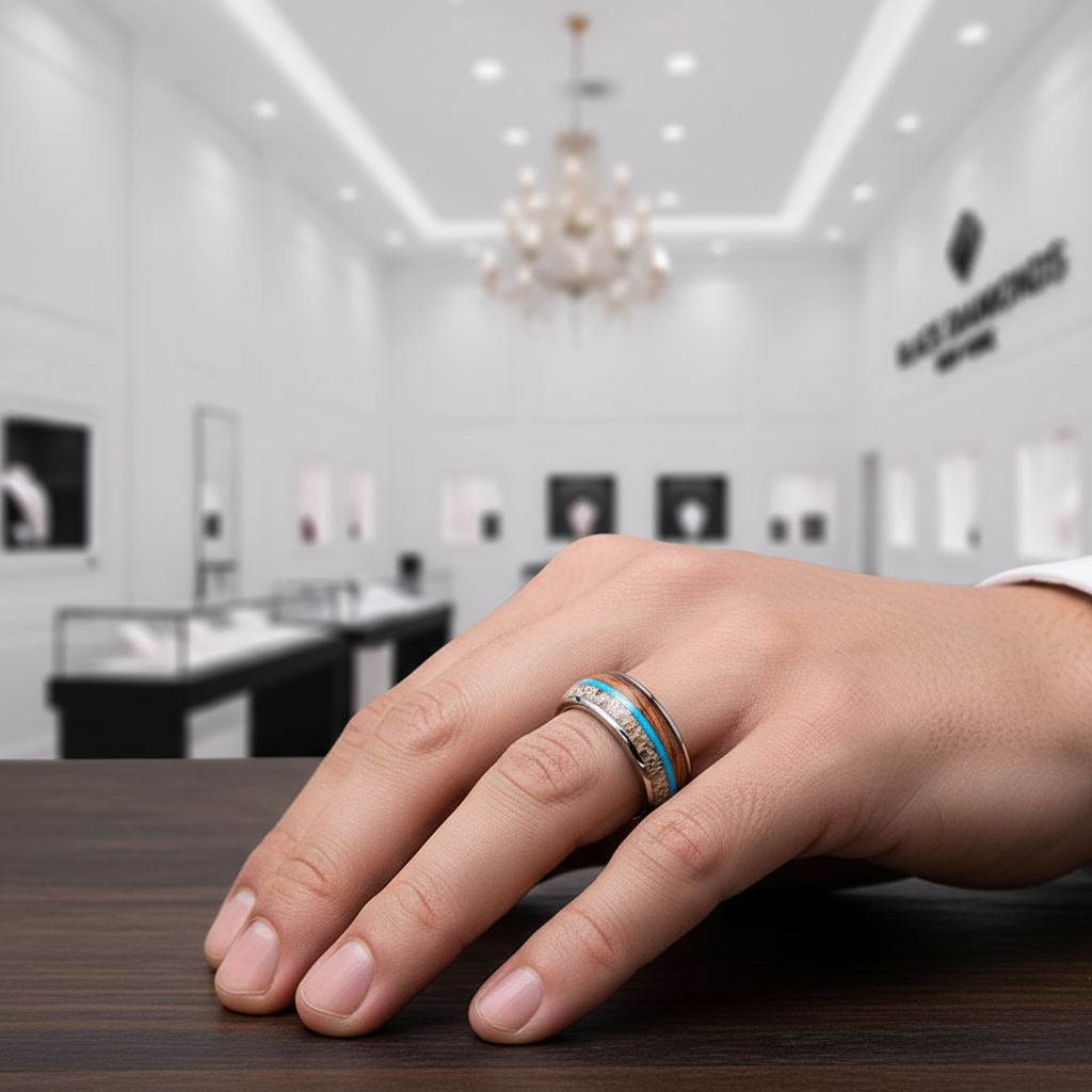 Wood, Malachite, & Antler Men's Tungsten Carbide Wedding Band-Black Diamonds New York