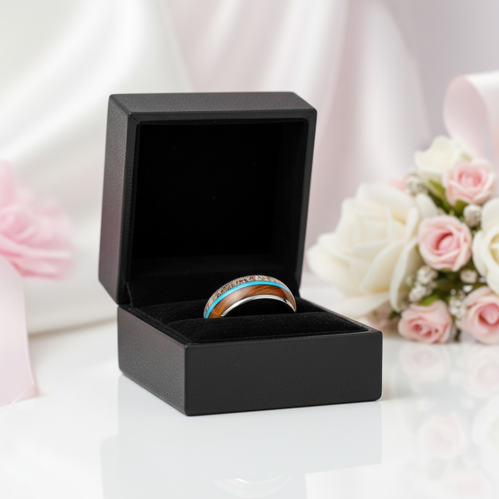 Wood, Malachite, & Antler Men's Tungsten Carbide Wedding Band-Black Diamonds New York