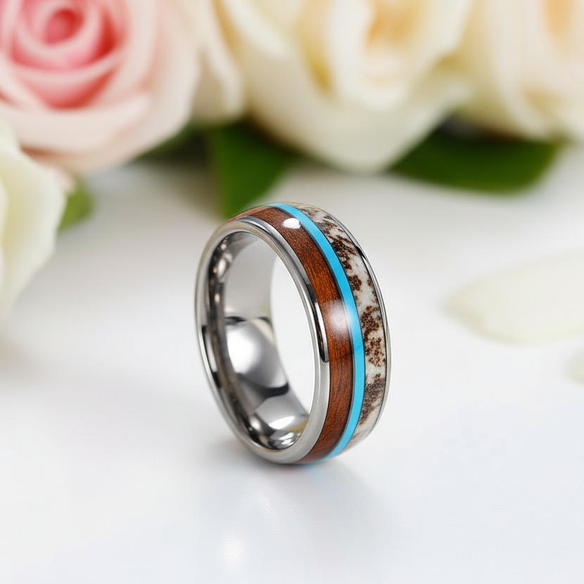 Wood, Malachite, & Antler Men's Tungsten Carbide Wedding Band-Black Diamonds New York