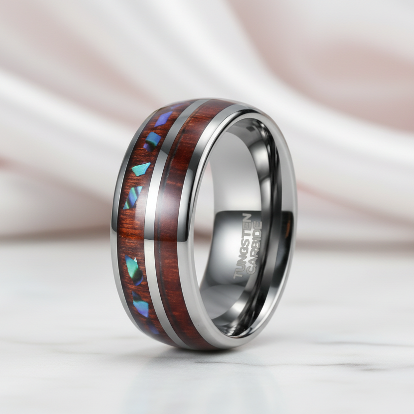Wood & Shell Men's Tungsten Wedding Band-Black Diamonds New York