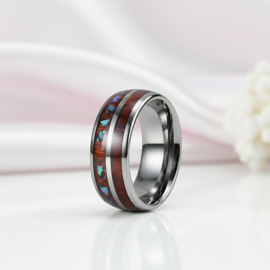 Wood & Shell Men's Tungsten Wedding Band-Black Diamonds New York