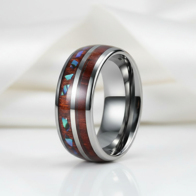 Wood & Shell Men's Tungsten Wedding Band-Black Diamonds New York