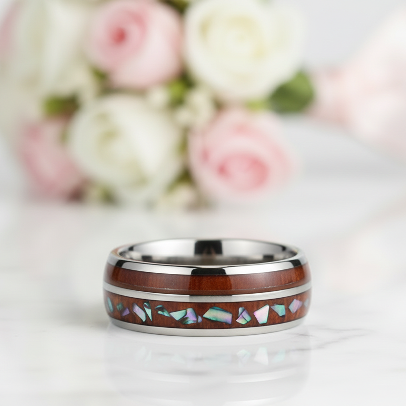 Wood & Shell Men's Tungsten Wedding Band-Black Diamonds New York