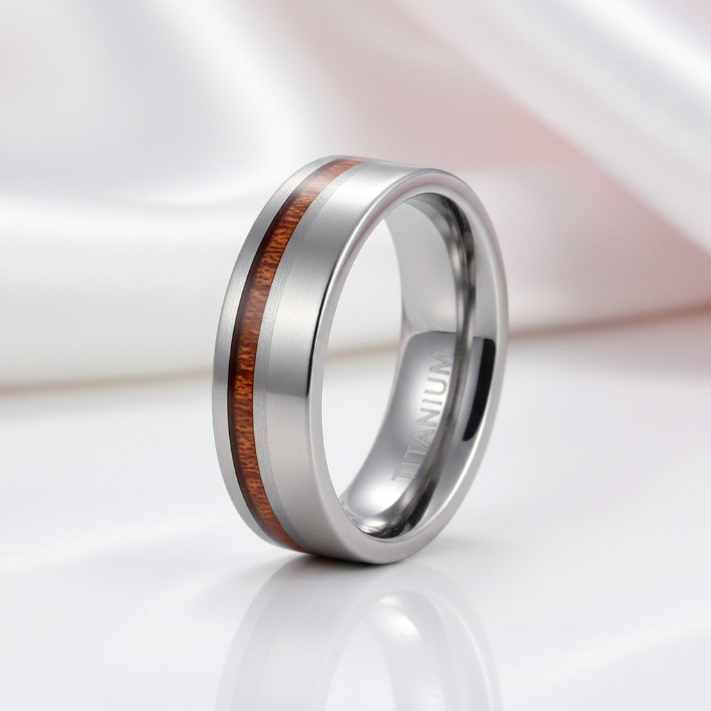 Titanium ring with wooden inlay on a white background