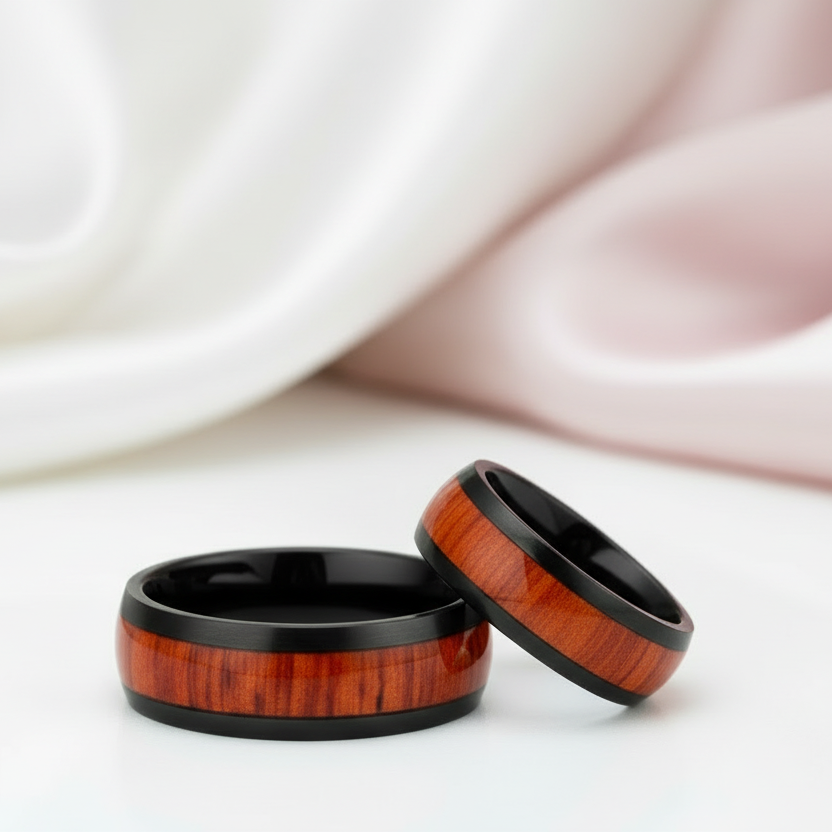Wooden Black Titanium Domed Wedding Band-Black Diamonds New York