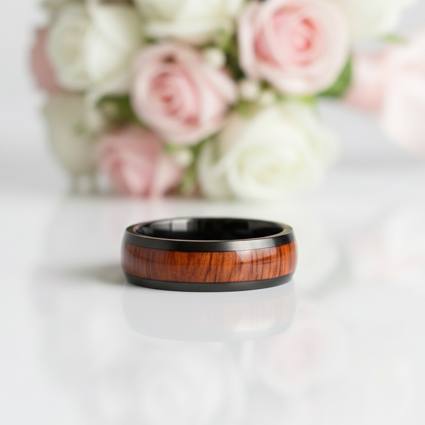 Wooden Black Titanium Domed Wedding Band-Black Diamonds New York