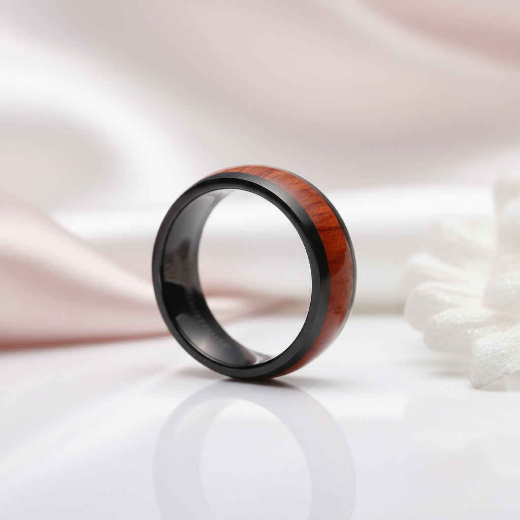 Wooden Black Titanium Domed Wedding Band-Black Diamonds New York