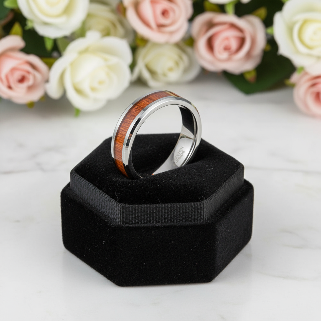 Wooden Men's Tungsten Wedding Band-Black Diamonds New York