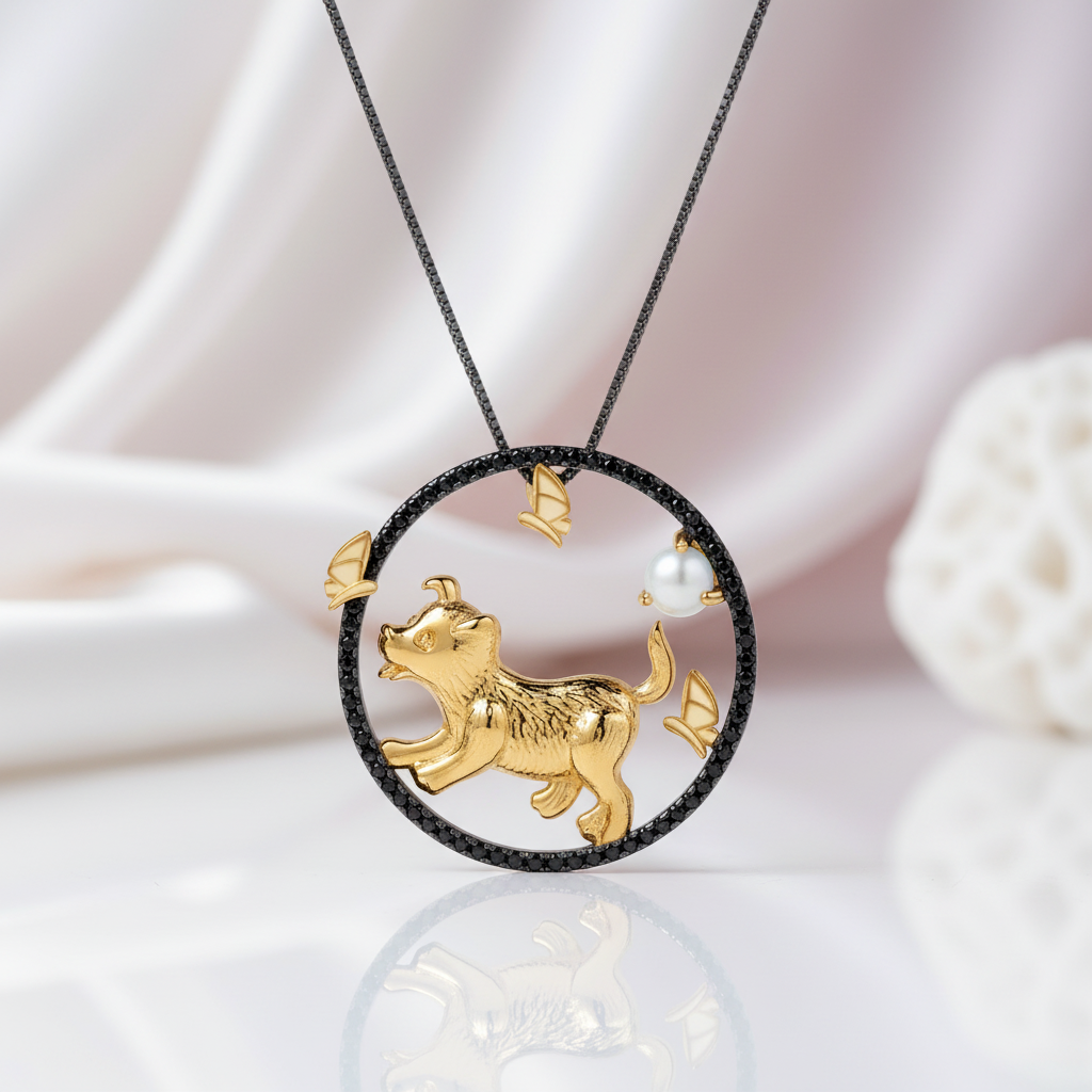 Year Of The Dog- Red Garnet Gemstone Handmade Loyalty Dog Necklace-Black Diamonds New York