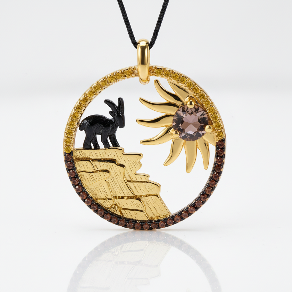 Year Of The Goat- Smoky Quartz Lovely Sunflower Goat Necklace-Black Diamonds New York
