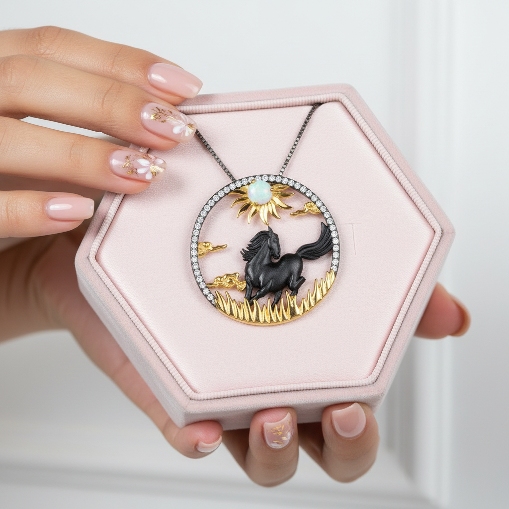 Year Of The Horse- Galloping Horse Natural African Opal Necklace-Black Diamonds New York