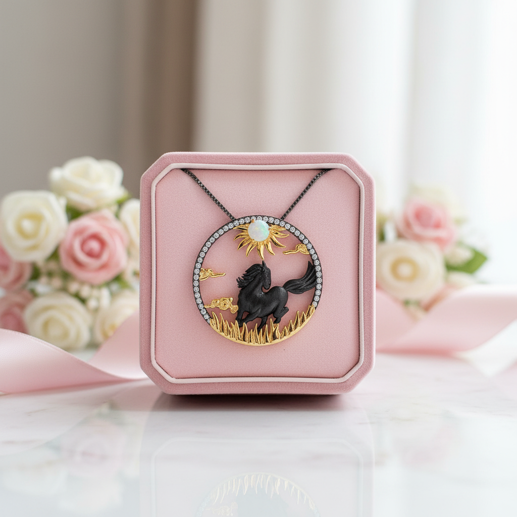 Year Of The Horse- Galloping Horse Natural African Opal Necklace-Black Diamonds New York