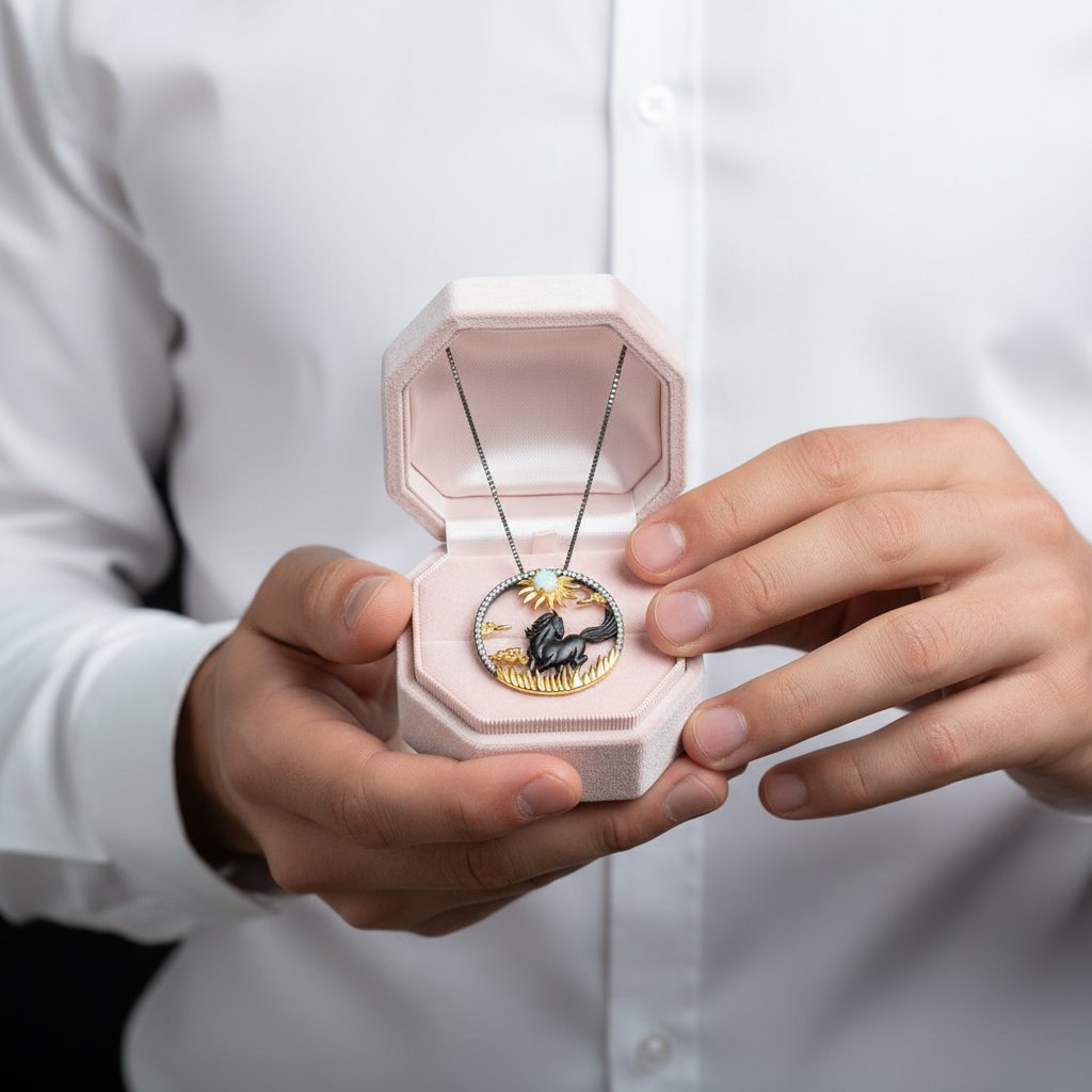 Year Of The Horse- Galloping Horse Natural African Opal Necklace-Black Diamonds New York