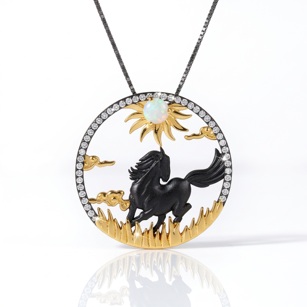 Year Of The Horse- Galloping Horse African Opal Gemstone Necklace-Black Diamonds New York