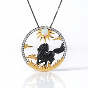 Year Of The Horse- Galloping Horse African Opal Gemstone Necklace-Black Diamonds New York