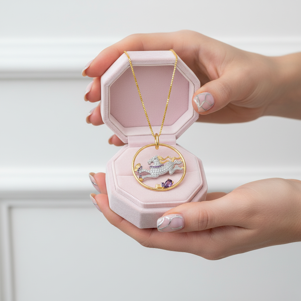 Year Of The Horse- Galloping Horse Exquisite Amethyst Simulant Necklace-Black Diamonds New York