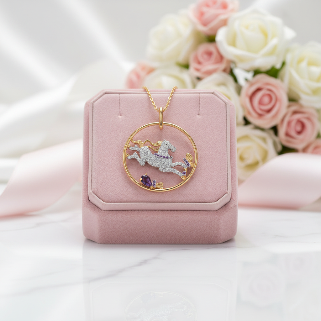 Year Of The Horse- Galloping Horse Exquisite Amethyst Simulant Necklace-Black Diamonds New York