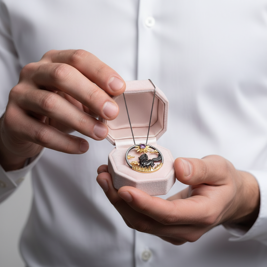 Year Of The Horse- Amethyst Handmade Sun & Horse Necklace-Black Diamonds New York