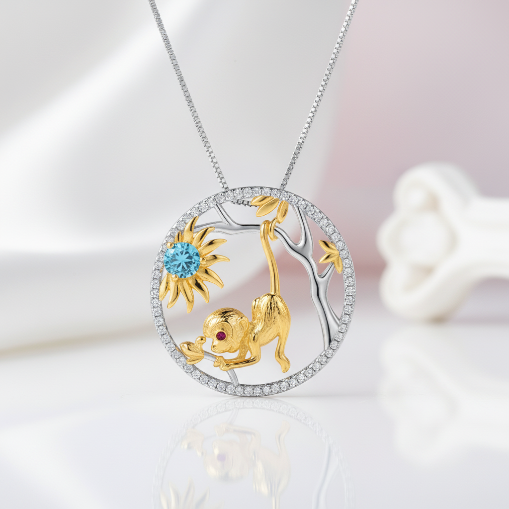 Year Of The Monkey-Swiss Blue Topaz Handmade Monkey Necklace-Black Diamonds New York