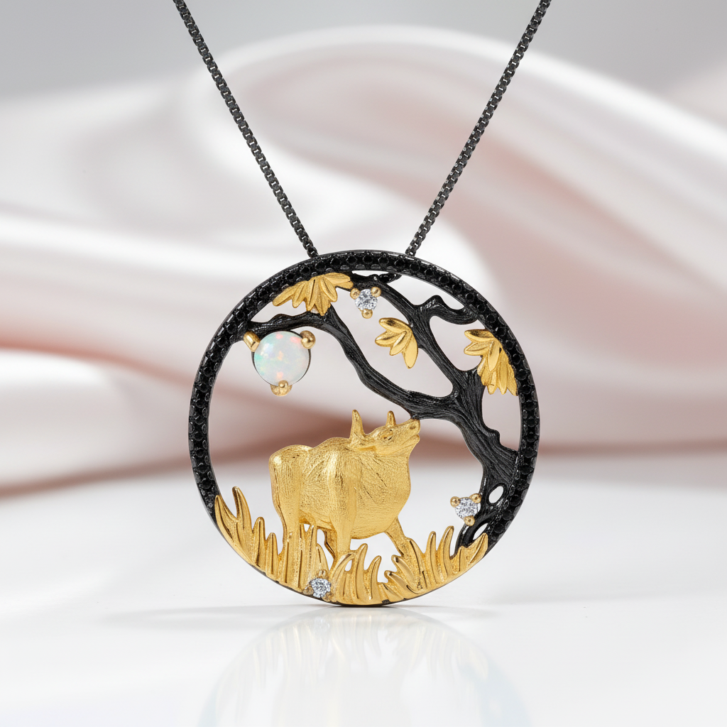 Year Of The Ox- African Opal Gemstone Ox Necklace-Black Diamonds New York